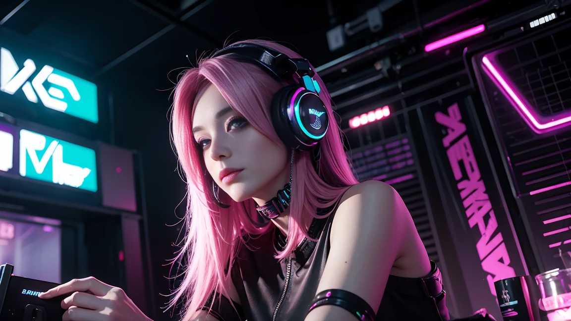 arafed woman in a black top and pink hair standing next to a DJ's mixer, rave girl, raver girl, 1 girl, DJ rave, unreal engine, rave makeup, in cyberpunk style, has cyberpunk style, rave inspired, cyber punk setting, cyberpunk vibes, cyberpunk vibe, beautiful cyberpunk woman model, cyberpunk style color, woman holds her headphones down with one hand.