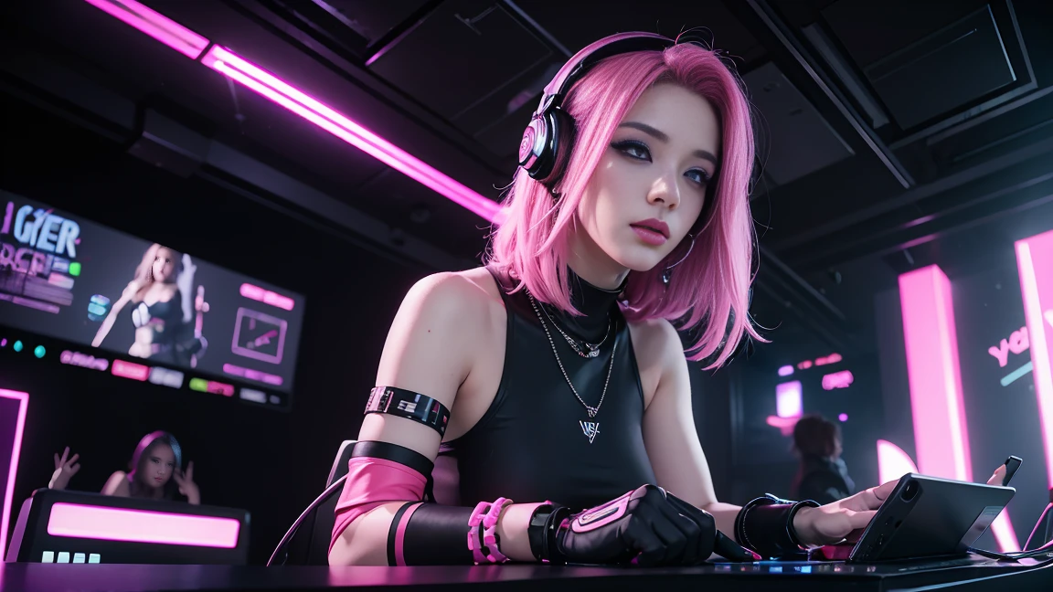 arafed woman in a black top and pink hair standing next to a DJ's mixer, rave girl, raver girl, 1 girl, DJ rave, unreal engine, rave makeup, in cyberpunk style, has cyberpunk style, rave inspired, cyber punk setting, cyberpunk vibes, cyberpunk vibe, beautiful cyberpunk woman model, cyberpunk style color, woman holds her headphones down with one hand.
