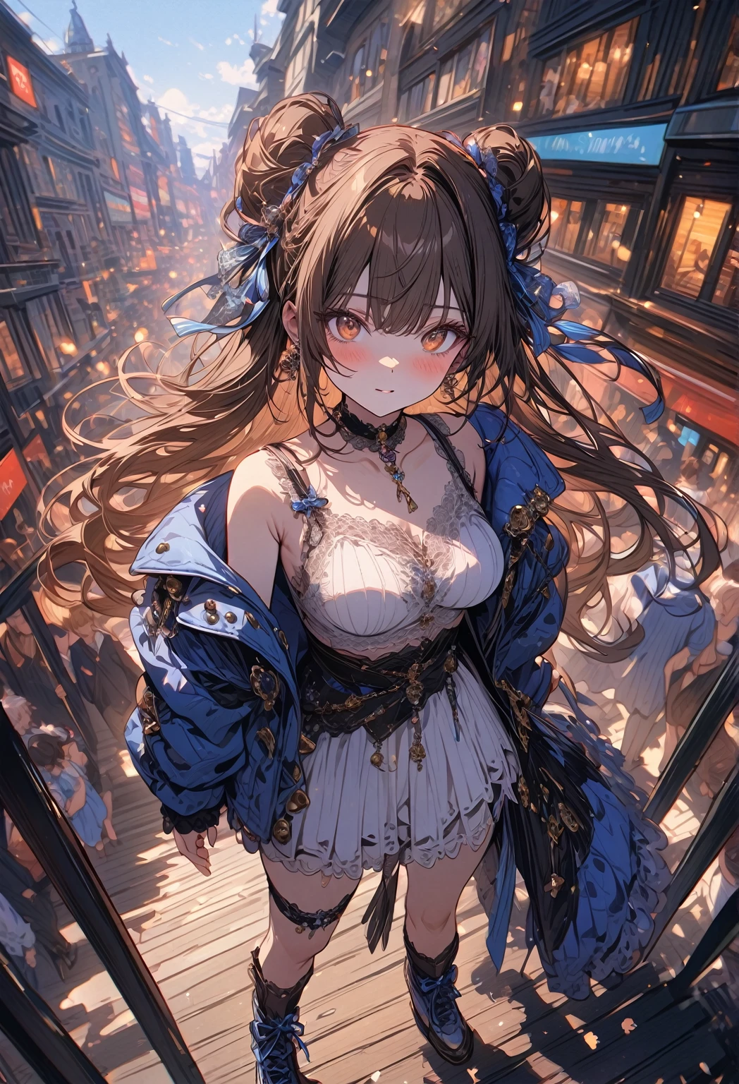 ((masterpiece:0), best quality, very aesthetic, newest, absurdres, detailed, high quality)
BREAK
highest quality, top quality, details, highres, ultra fine painting, digital art, official art, cinematic, 4k, 8k resolution, 8K CG wallpaper, CG, original artwork, detailed background, colorful background, blue atmosphere, High Dynamic Range, blurry background, blue hour, Starburst effects, crepuscular rays, good ISO, high resolution, wide shot, from far away, RAW photo, POV, sharp focus, light reflection, reflections, intricate details, soft light, particle noise, professional photography, bokeh, depth of field, natural lighting, vibrant colors, looking away, detailed lights and shadows, stylish, ultra-detailed, top rated on Pixiv, trending on Artstation, niji style, modern-days, master crafted, pose
BREAK
solo, 1girl, pale skin, correct fingers, detailed hair, (medium big breasts:1.2), big thighs, short torso, short body, flushtered, blush, anxious expression, casual, slim, ((cute, childlike face):1.3), nice hips, nice body, brown hair, (long flowing hair:1.1), big 2 buns hairstyle, long bangs, long hair, middle hair bangs, brown eyes
BREAK
((colorful outfit), off shoulder crop top, short skirt, headphone, jacket, casual cap, belts, straps, choker, gloves, boots, (stockings), garterbelt, accessories, outfit ornaments, sneakers, tummy skin, kemonomimi, 1 tail, correct tail), (((from above, close up))) 
BREAK
a person walking down a street with a crowd of people, crowded street, crowded streets, in front of a large crowd, giant crowd, girl walking through city, people walking down a street