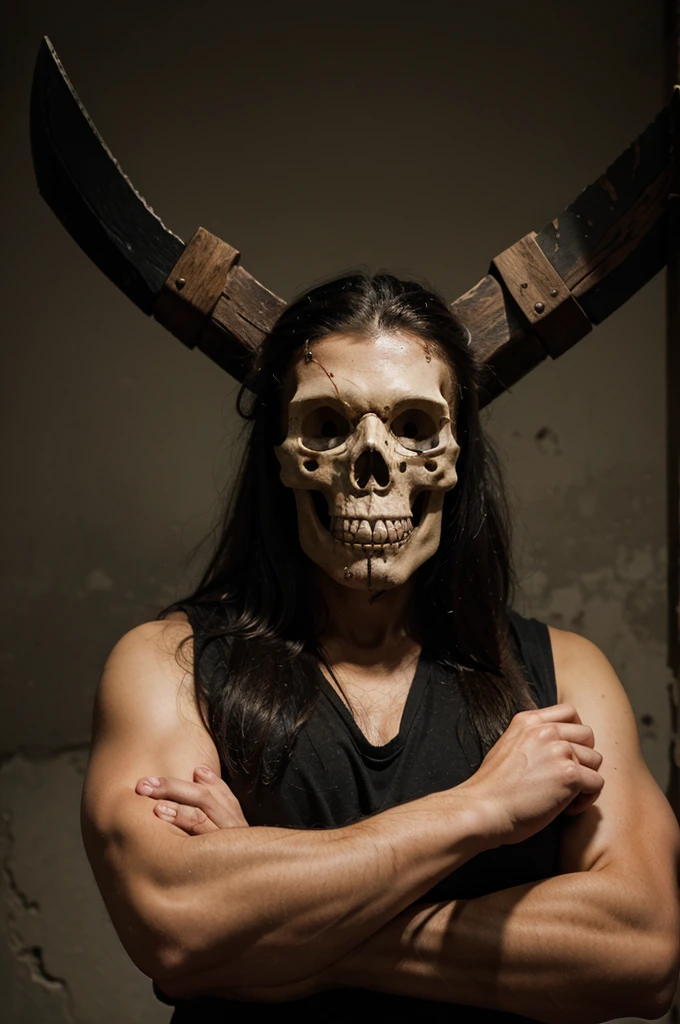 make a skull head with both arms crossed carrying an axe