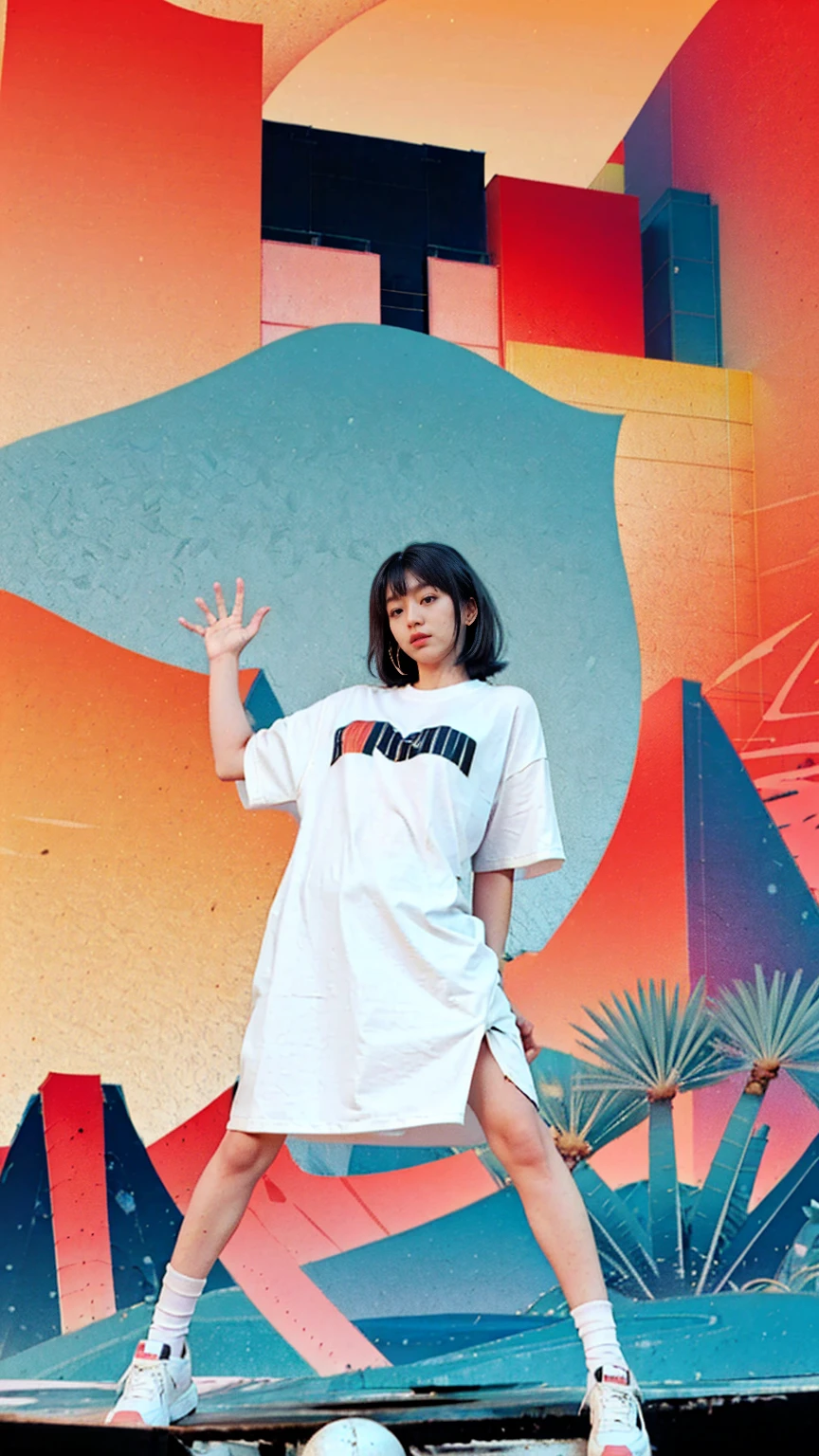 1 girl, beautiful, (black bob hair), almond eye, olive skin,no makeup, blank white tshirt, ((oversized_untucked tshirt)), peach tennis skirt,pose in front of ((80's mondrian architecture colorful motel)),(from below:1.2), (realistic:1.1), (surreal:1.2), (very detailed:1.1), ((masterpiece)),summer, blue sky, palm trees,sunny, los angles vibes