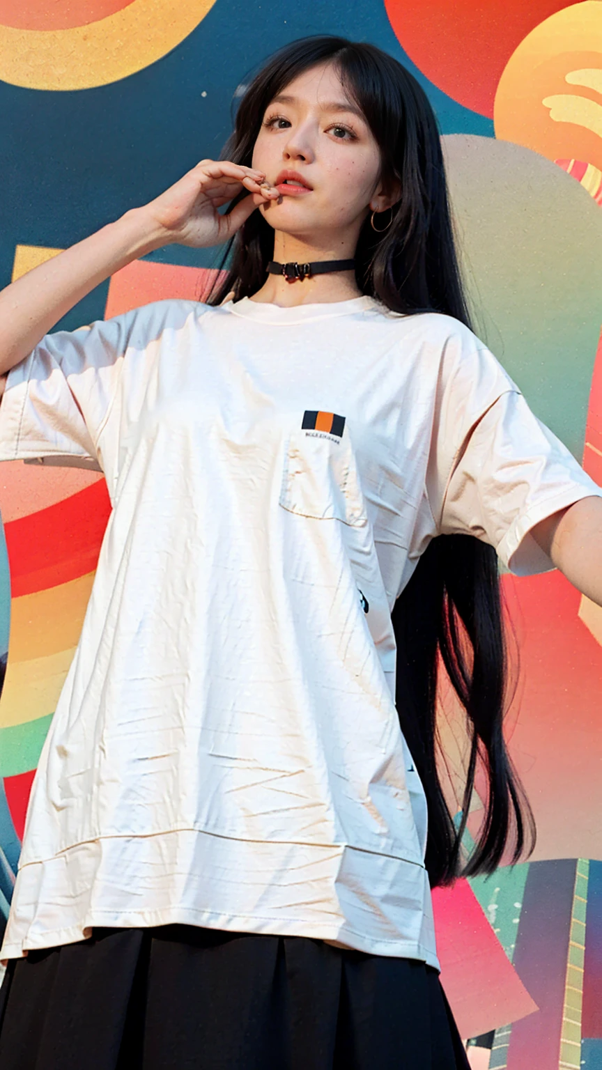 1 girl, beautiful, (black bob hair), almond eye, olive skin,no makeup, blank white tshirt, ((oversized_untucked tshirt)), peach tennis skirt,pose in front of ((80's mondrian architecture colorful motel)),(from below:1.2), (realistic:1.1), (surreal:1.2), (very detailed:1.1), ((masterpiece)),summer, blue sky, palm trees,sunny, los angles vibes