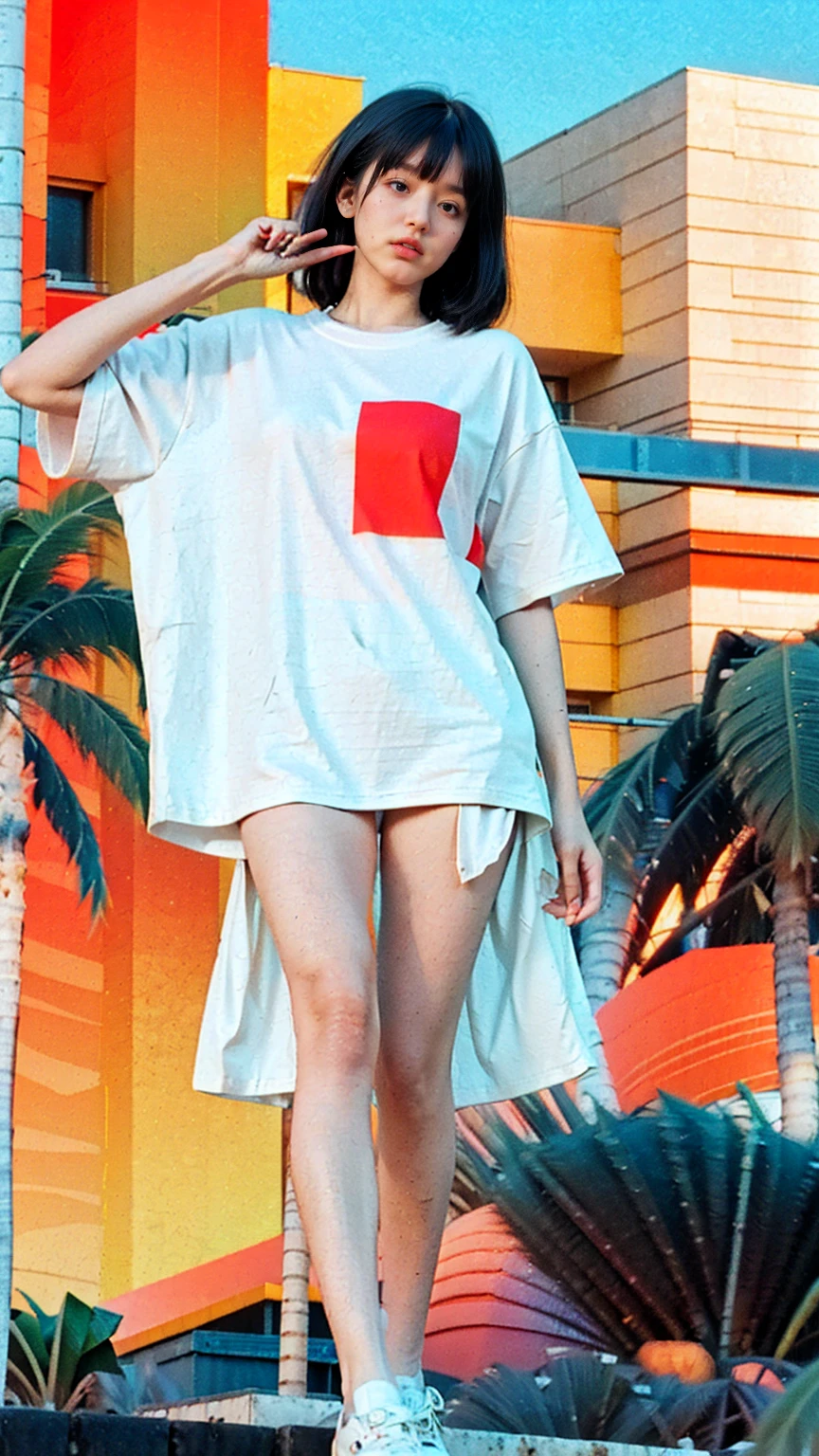 1 girl, beautiful, (black bob hair), almond eye, olive skin,no makeup, blank white tshirt, ((oversized_untucked tshirt)), peach tennis skirt,pose in front of ((80's mondrian architecture colorful motel)),(from below:1.2), (realistic:1.1), (surreal:1.2), (very detailed:1.1), ((masterpiece)),summer, blue sky, palm trees,sunny, los angles vibes