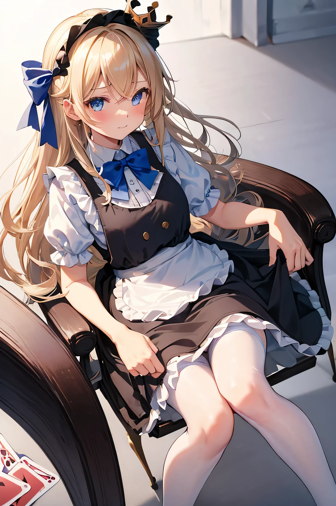 One girl, alone, Long Hair, blue eyes, Blonde, Crown, Sitting, pantyhose, dress, bow, card, apron, hair band, playing card, View your viewers, Short sleeve, hair bow, blue hair band, smile, blush, put your hand on your face, blue dress, Alice (Alice in wonderland), Hair between the eyes, Chair, black pantyhose, blue bow, Throne, Puffy sleeves, Put your hand on your cheek, bangs, puffy Short sleeve, ribbon, very Long Hair, mini Crown, The legs are off the frame, Frills, white apron, :q, masterpiece, Highest quality, (((Lift up your skirt, White panties, Camel Toe))),