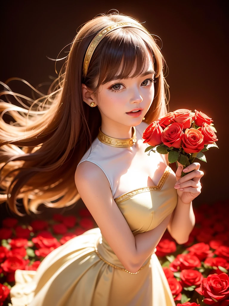 Realistic semi-close portrait image of curious woman retro 60s nostalgia, Prime Time,, 35mm Female Portrait，Gold embroidery. warm color. Vivid. Realistic. magician、Carefree happy joy bokeh background. Quiet aesthetics. Soft lighting. Artistic lighting. Feminine elegance.Facing forward、Photo of your face、The background is red roses