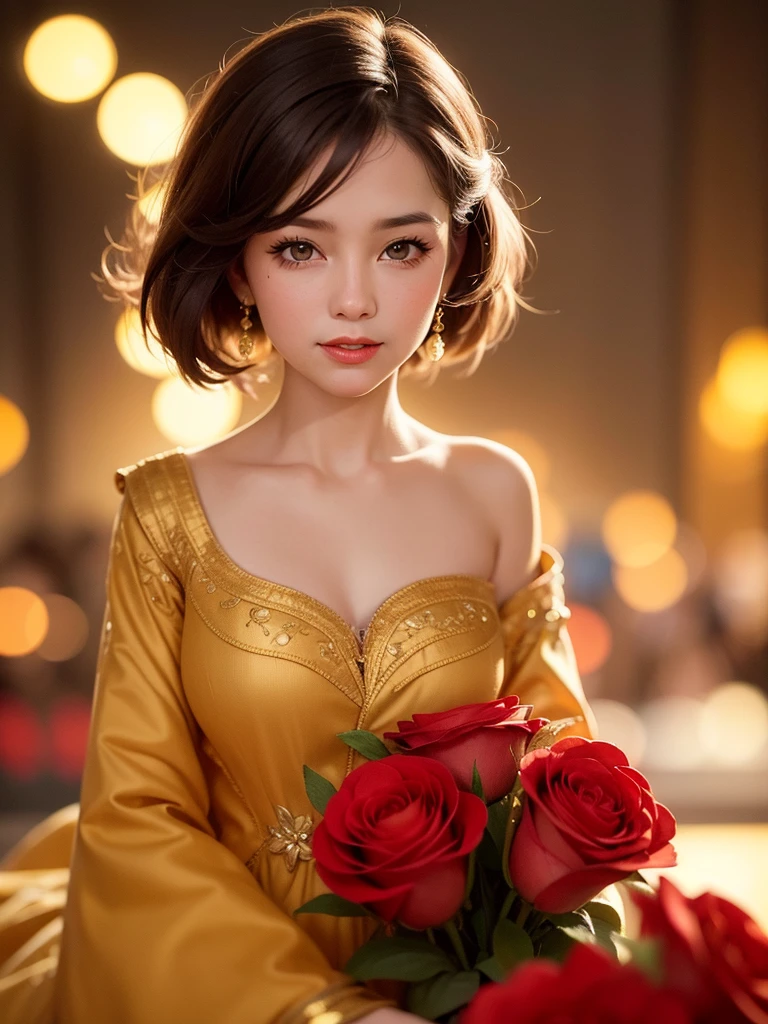 Realistic semi-close portrait image of curious woman retro 60s nostalgia, Prime Time,, 35mm Female Portrait,Gold embroidery. warm color. Vivid. Realistic. magician、Carefree happy joy bokeh background. Quiet aesthetics. Soft lighting. Artistic lighting. Feminine elegance.Facing forward、Photo of your face、The background is red roses