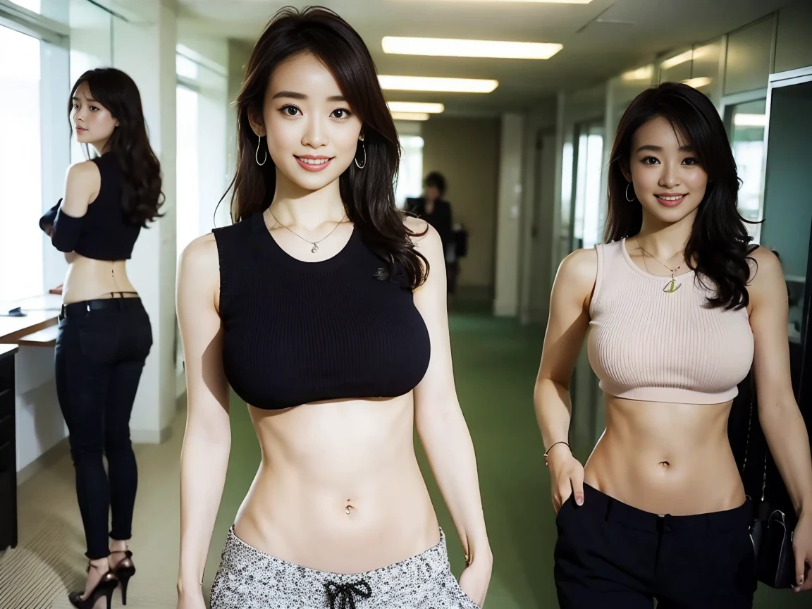 (Highest quality, masterpiece, Photo Real, Super detailed, Ultra-high resolution, born), (One girl), cute, Japanese, smile, bangs, (Sleeveless knit, skinny pants:1.3), (Huge breasts:1.3), (Long Hair| Medium Hair| short hair), (Low-rise XL, Low Waist XL, between legs:1.3), (High heels, Beautiful long legs, whole body), Office Room, belly button, necklace, Izumi Rika,