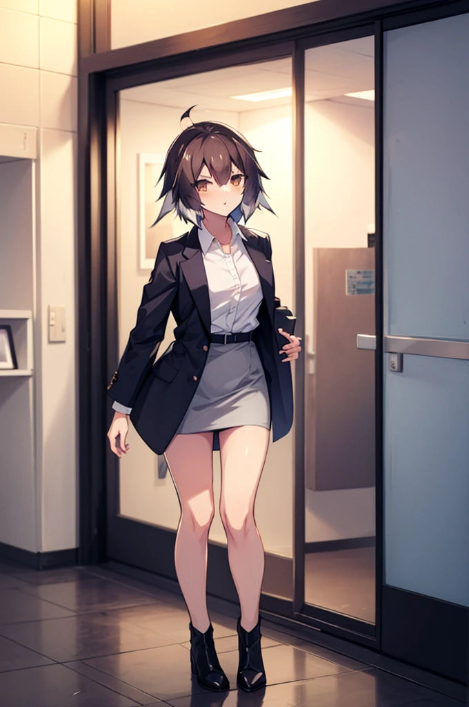 Masterpiece, 1girl, solo, plume_\(arknights\), standing, indoor, white shirt, indoor, miniskirt, pencil skirt, inside office, mature women, high resolution, jacket suit, full body shot's 