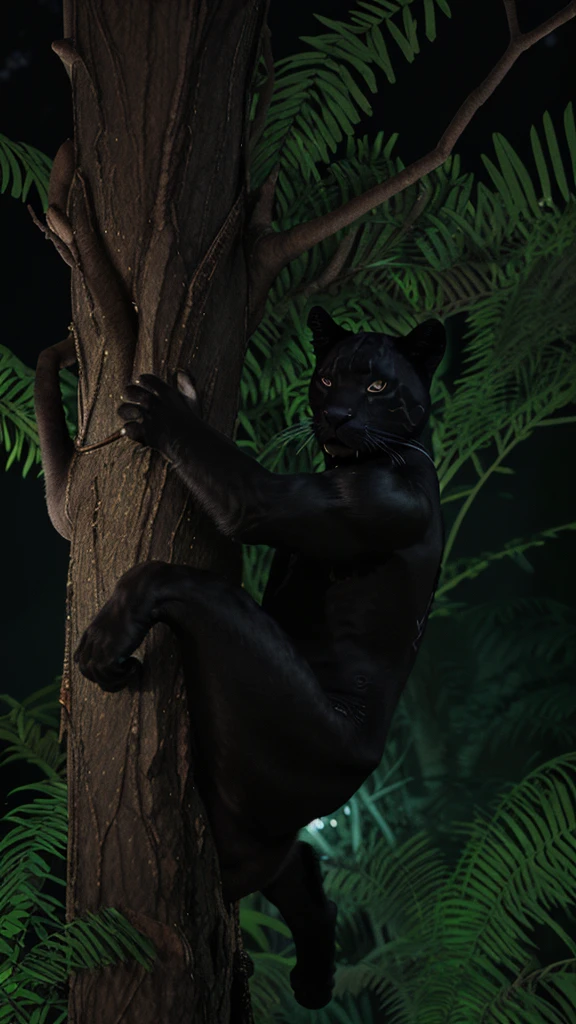 Cymotographic scene of a black panther in a tree at night in the jungle