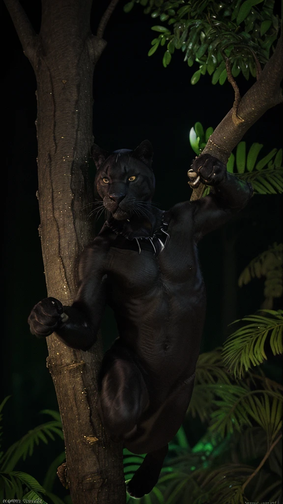 Cymotographic scene of a black panther in a tree at night in the jungle