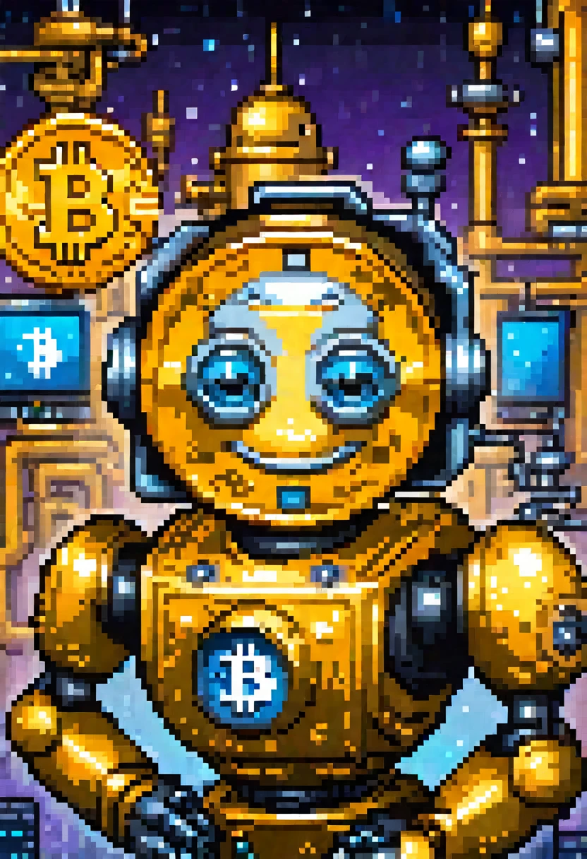 Bitcoin logo, on a smiley face, round face, a robot standing by.
