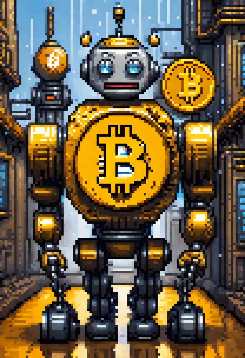 Bitcoin logo, on a smiley face, round face, a robot standing by.