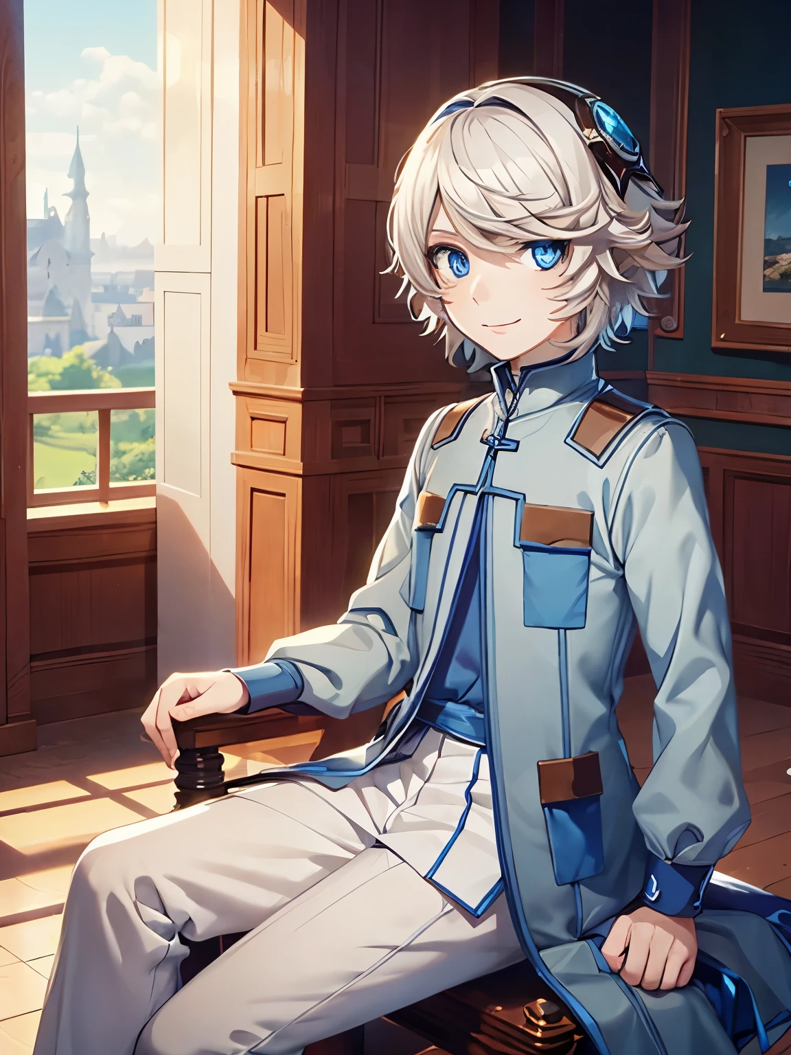 masterpiece, best quality, , 1boy, 5 years old,solo, male focus, looking at viewer, white hair, blue eyes,Sitting in the kingdom,smile,half body photo