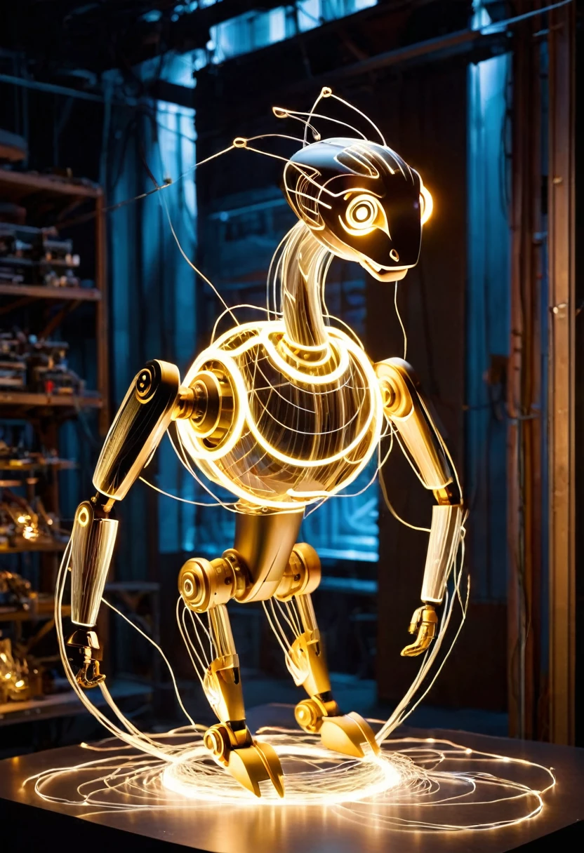 In the futuristic workshop, A robotic puppet carefully weaves together glowing threads of energy., They form intricate patterns that ripple and change over time..
