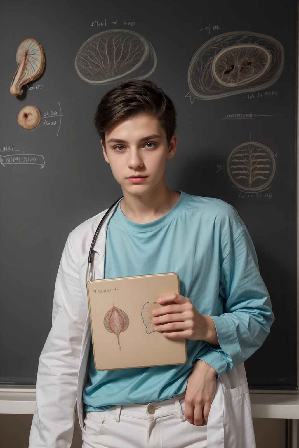 A young male twink, cute, beautiful, feminine, with a beautiful face with makeup, black hair, and his eyes have dark circles under them. He is wearing a long-sleeved aquamarine shirt and white jeans. He is in medical school, studying on a blackboard with brain anatomy written on it.