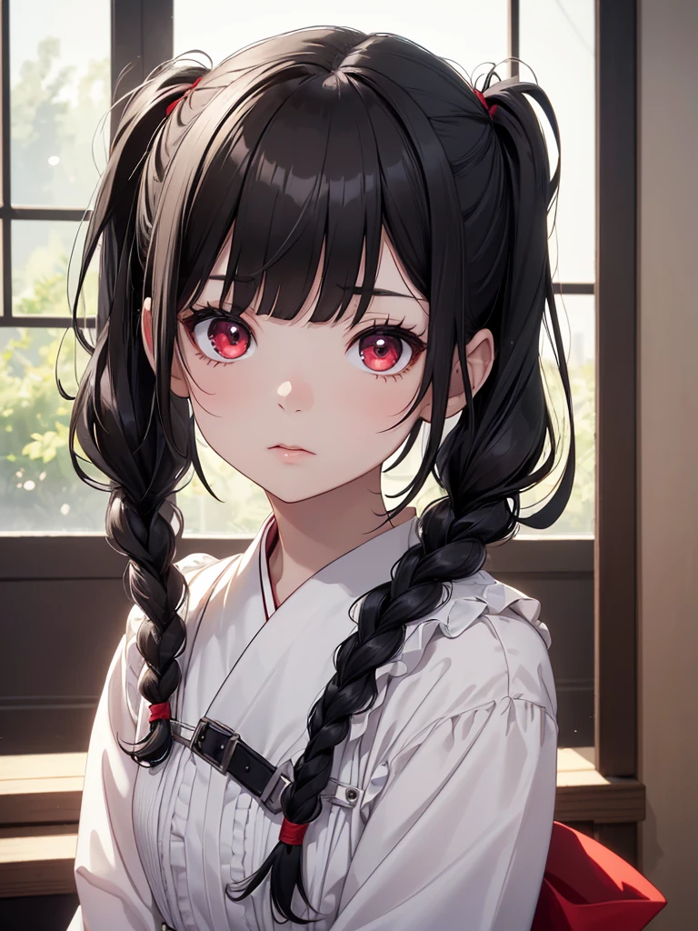 (8K, Best Quality, Masterpiece, Ultra High Resolution) 1 Young Girl, Toddler, Short, Beautiful Eyes, Face Details, Black Hair, Pigtail Braids, Hair Bangs, Red Eyes, Pale Skin, Short Formal Dress, Cute Black Dress, Dimly Lit Japanese House, Masterpiece, Best Quality, Upper Body, Looking at the Viewer, Close Up
