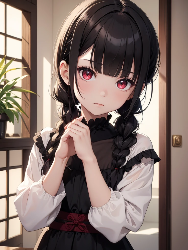 (8K, Best Quality, Masterpiece, Ultra High Resolution) ung Girl, Toddler, Short, Beautiful Eyes, Face Details, Black Hair, Pigtail Braids, Hair Bangs, Red Eyes, Pale Skin, Short Formal Dress, Cute Black Dress, Dimly Lit Japanese House, Masterpiece, Best Quality, Upper Body, Looking at the Viewer, Close Up