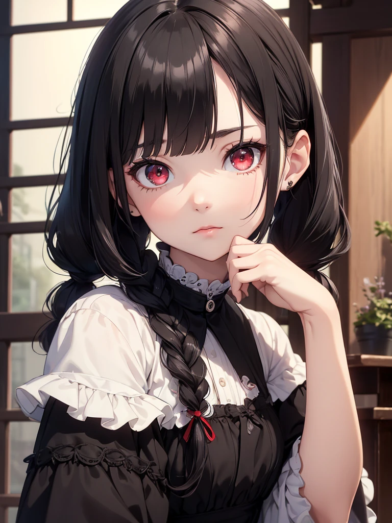 (8K, Best Quality, Masterpiece, Ultra High Resolution) ung Girl, Toddler, Short, Beautiful Eyes, Face Details, Black Hair, Pigtail Braids, Hair Bangs, Red Eyes, Pale Skin, Short Formal Dress, Cute Black Dress, Dimly Lit Japanese House, Masterpiece, Best Quality, Upper Body, Looking at the Viewer, Close Up