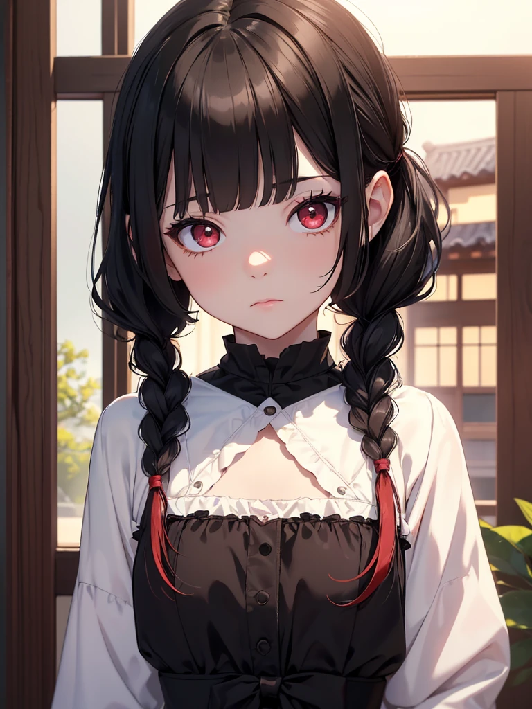(8K, Best Quality, Masterpiece, Ultra High Resolution) ung Girl, Toddler, Short, Beautiful Eyes, Face Details, Black Hair, Pigtail Braids, Hair Bangs, Red Eyes, Pale Skin, Short Formal Dress, Cute Black Dress, Dimly Lit Japanese House, Masterpiece, Best Quality, Upper Body, Looking at the Viewer, Close Up