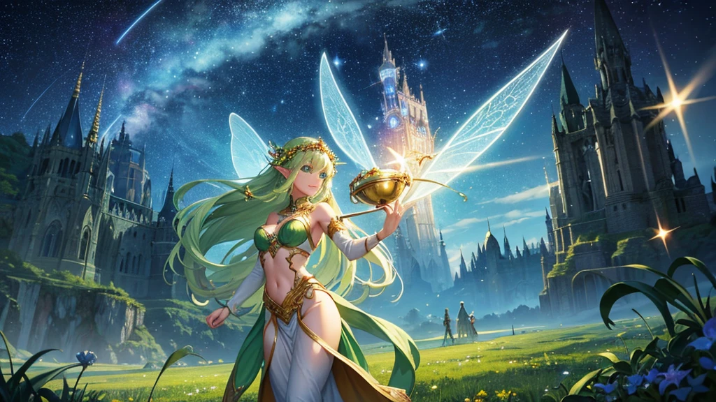 8K,A beautiful elven woman is depicted in the center, and fairies dance in a fantastical landscape. The elven woman has long golden hair in a Gweiz style and sparkling emerald green eyes. She smiles softly and plays the harp gracefully. In the background is a starry sky with many shooting stars. The fairies spread their sparkling wings and fly around the elf. This scene, which has a lovely and fantastical atmosphere, is a perfect match for Celtic music, which alternates between up-tempo and slow parts.