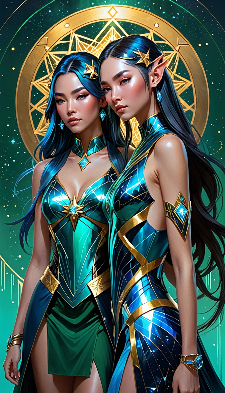 two women in gold and blue dresses standing next to each other, artgerm julie bell beeple, wlop and artgerm, artgerm and wlop, wlop and ross tran, as seen on artgerm, beautiful gemini good and evil, collectible card art, artist artgerm i and wlop, wlop art - Emotional cyberpunk fantasy in WLOP-Style: Bioluminescent, Soft, Dreamy style with detailed characters featuring a smooth mixture of sharp jewelry in blue, black, and silver hues. Utilizes extremely thin brush strokes and light brush treatment. The characters exhibit delicate Asian features with mature elven proportions, such as a soft jawline. The artwork includes star and diamond motifs with a blurred, dark, [deep green and yellow background], creating a sense of peace and mystery. Sacred geometric figures are drawn with thin [dark gold] on a [deep colorful] background, in a kaleidoscope-like arrangement.