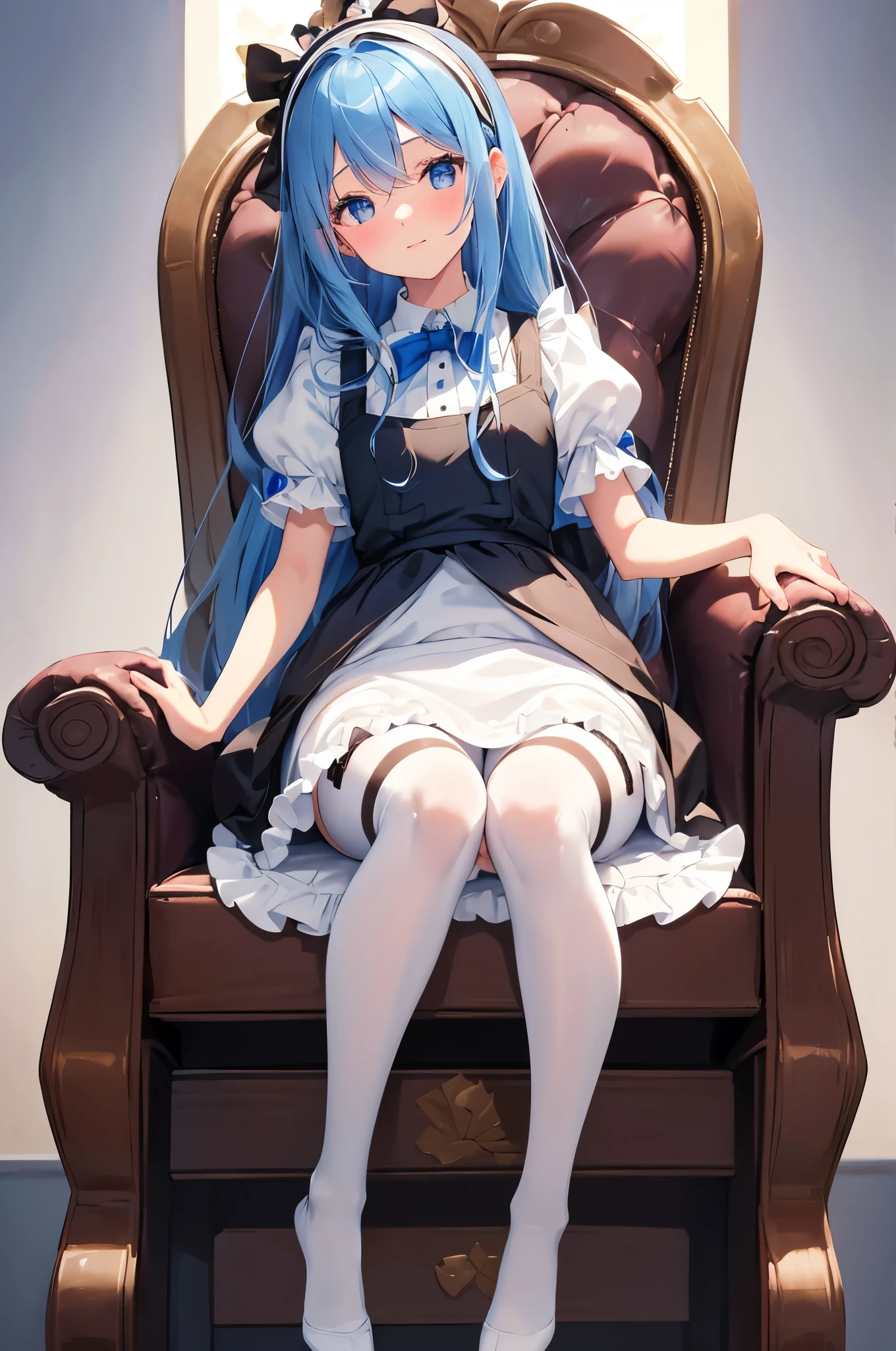 One girl, alone, Long Hair, blue eyes, Blonde, Crown, Sitting, pantyhose, dress, bow, card, apron, hair band, playing card, View your viewers, Short sleeve, hair bow, blue hair band, smile, blush, put your hand on your face, blue dress, Alice (Alice in wonderland), Hair between the eyes, Chair, black pantyhose, blue bow, Throne, Puffy sleeves, Put your hand on your cheek, bangs, puffy Short sleeve, ribbon, very Long Hair, mini Crown, The legs are off the frame, Frills, white apron, :q, masterpiece, Highest quality, (((Lift up your skirt, White panties, Camel Toe))),
