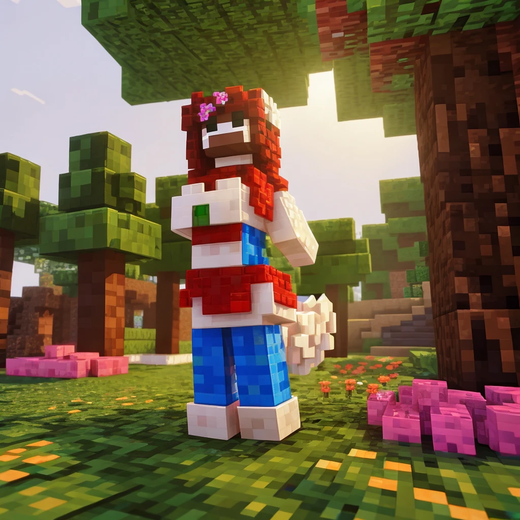 minecraft,voxel,wolf,anthro,solo,flowers,grass,tree