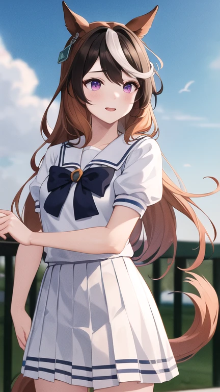 masterpiece, best quality, highres, hmsymbo, 1girl, animal ears, streaked hair, horse tail, tracen , pleated skirt, jewelry, short sleeves, white skirt, puffy short sleeves, sailor collar, bowtie, sailor shirt, cowboy shot, standing, outdoors