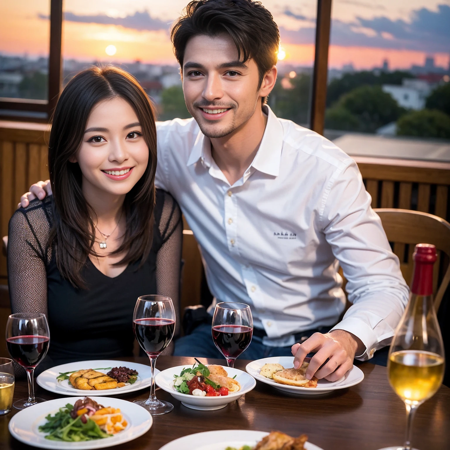 ((Highest quality、8K、masterpiece:1.3))、 (Ultra-realistic、 Genuine、Bright image、Intricate details:1.2), 最高のsmile、1 male 1 female、party、Beautiful couple、Love Love Love、Tokyo Lovers、friend、actress couple、smile、Full-course dinner at a packed table、 (Slim face), (the body is slim), (Brown Hair), (short hair), テーブルのwine glass、Please shine a light on my face、 Amazing view of the sunset sky and clouds、 years old 39 years old, red wine 、Appetizers、Wine bottle、sparkling wine、Long sleeve shirt、dress、White wine, red wine, wine glass, 