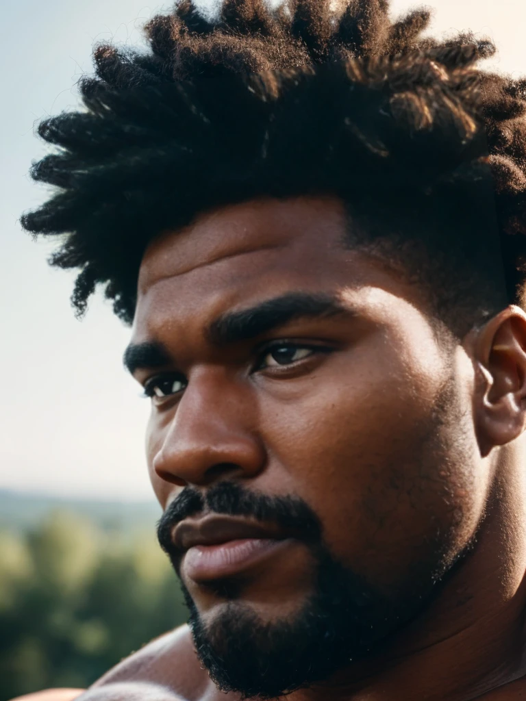 extreme close-up, close-up on face, solo, black male, 24yo strongman, confident, beefy, thick lips (long curly, hairy, hirsute), romantic, handsome, (sharp focus, natural lighting, film photography, photorealistic, hyperreal),