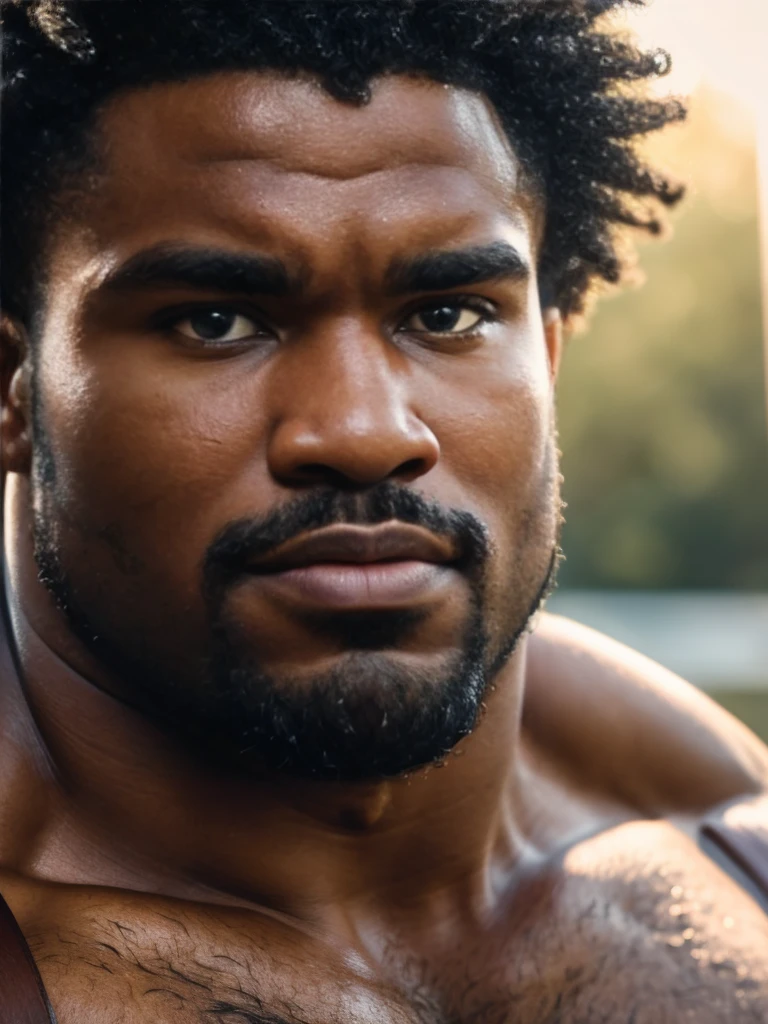 extreme close-up, close-up on face, solo, black male, 24yo strongman, confident, beefy, thick lips (long curly, hairy, hirsute), romantic, handsome, (sharp focus, natural lighting, film photography, photorealistic, hyperreal),