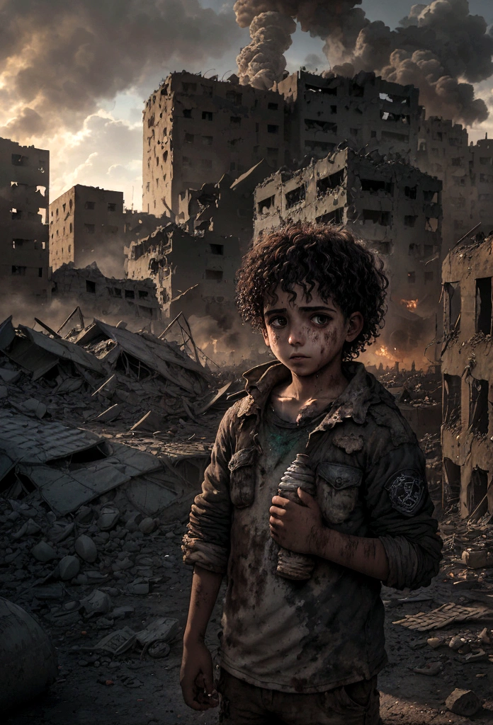 a Palestinian boy in worn, dirty clothing, holding a faded toy in one hand and bearing a bloody hand, dead ." messy, palestinien, curly hair, Dusty face and cloth,(( A destroyed city in the background, feu, cadavre humain sur le sol, certaines personnes pleurent, Destroyed building)), hyper detailed, Couleur dynamique, nuance noire et grise, Super Emotional Image, against a dark and haunting backdrop and surrounded by swirling black smoke.