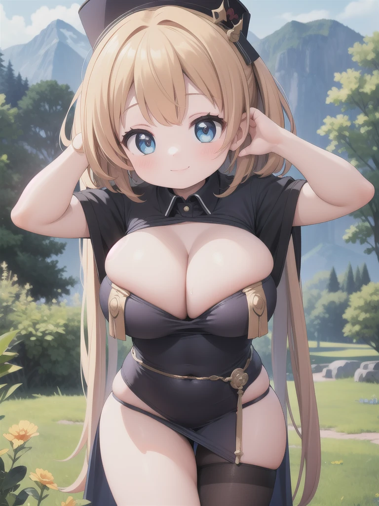 master-piece, bestquality, 1girls,, View viewers from front, HD, slight smile, big tits, cleavage, tights cloth, , tiny body, outdoor, mountain, arms forward,
