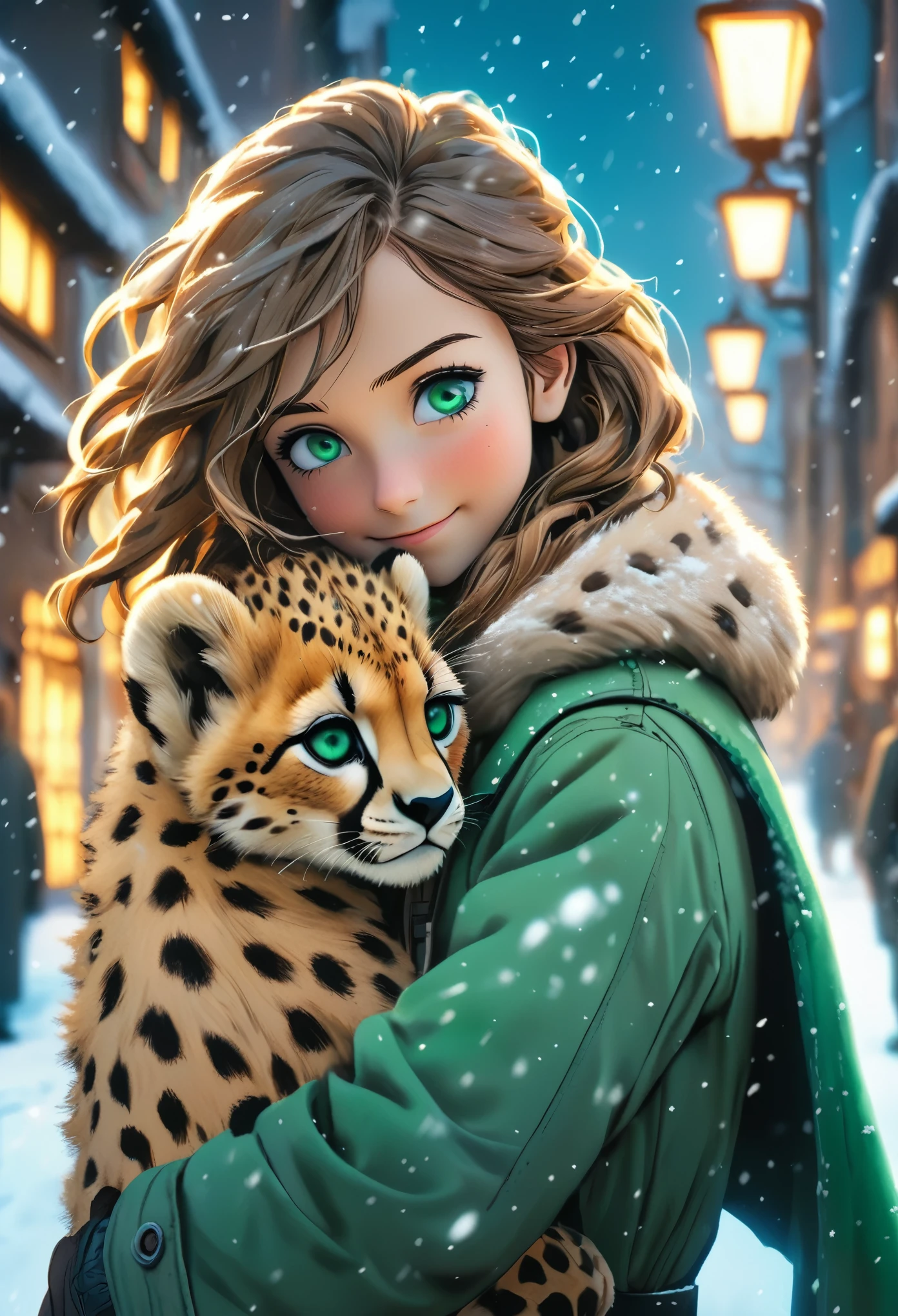 Beautiful hand drawn anime shot. Young happy girl in heavy coat holding a cheetah cub in a hug as she walks through a modern fantasy medievil street in the snow. The cat is a cheetah cub. The girl has has long hair and green eyes. The kitten has blue eyes. Highly detailed sky. Mid day. White sunlight. The cub is looking up at the girl it's back against her. Green eyes girl. Highly detailed. 50mm lens. 8k resolution. Beautiful composition.