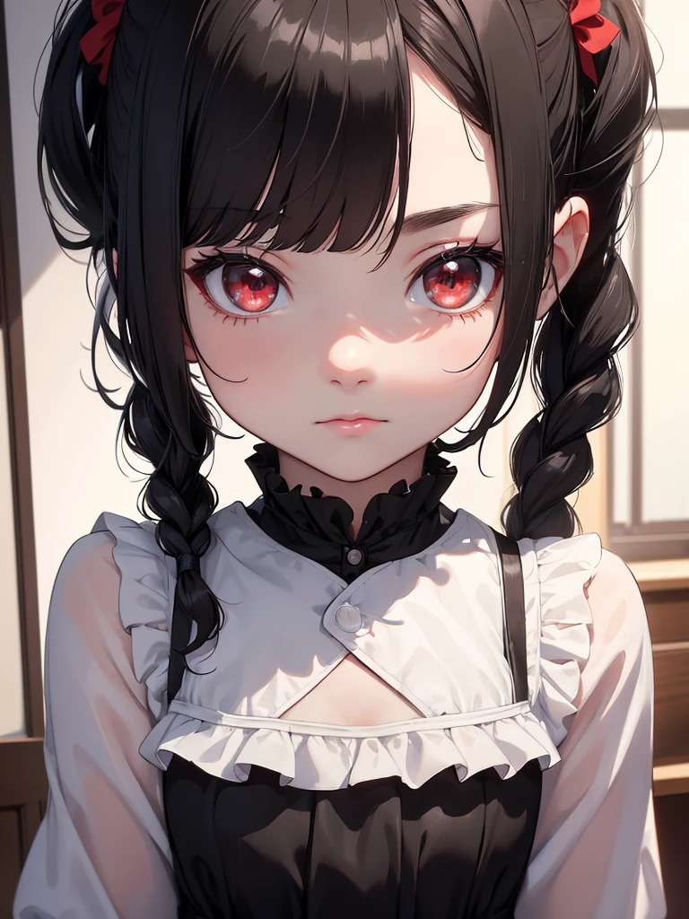 (8K, Best Quality, Masterpiece, Ultra High Resolution) ung Girl, Toddler, Short, Beautiful Eyes, Face Details, Black Hair, Pigtail Braids, Hair Bangs, Red Eyes, Pale Skin, Short Formal Dress, Cute Black Dress, Dimly Lit Japanese House, Masterpiece, Best Quality, Upper Body, Looking at the Viewer, Close Up