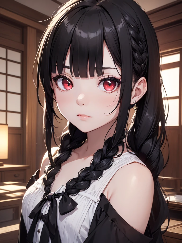 (8K, Best Quality, Masterpiece, Ultra High Resolution) 1 Young Girl, Toddler, Short, Beautiful Eyes, Face Details, Black Hair, Pigtail Braids, Hair Bangs, Red Eyes, Pale Skin, Short Formal Dress, Cute Black Dress, Dimly Lit Japanese House, Masterpiece, Best Quality, Upper Body, Looking at the Viewer, Close Up