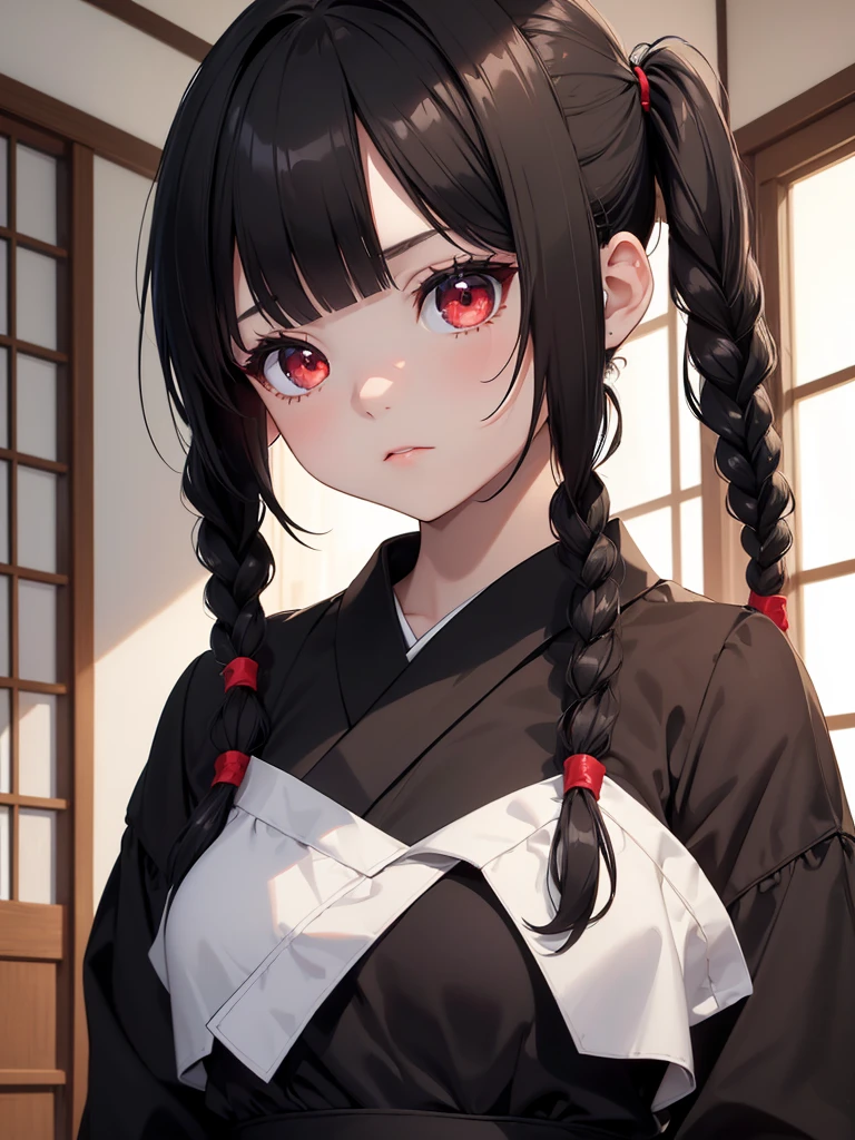(8K, Best Quality, Masterpiece, Ultra High Resolution) ung Girl, Toddler, Short, Beautiful Eyes, Face Details, Black Hair, Pigtail Braids, Hair Bangs, Red Eyes, Pale Skin, Short Formal Dress, Cute Black Dress, Dimly Lit Japanese House, Masterpiece, Best Quality, Upper Body, Looking at the Viewer, Close Up