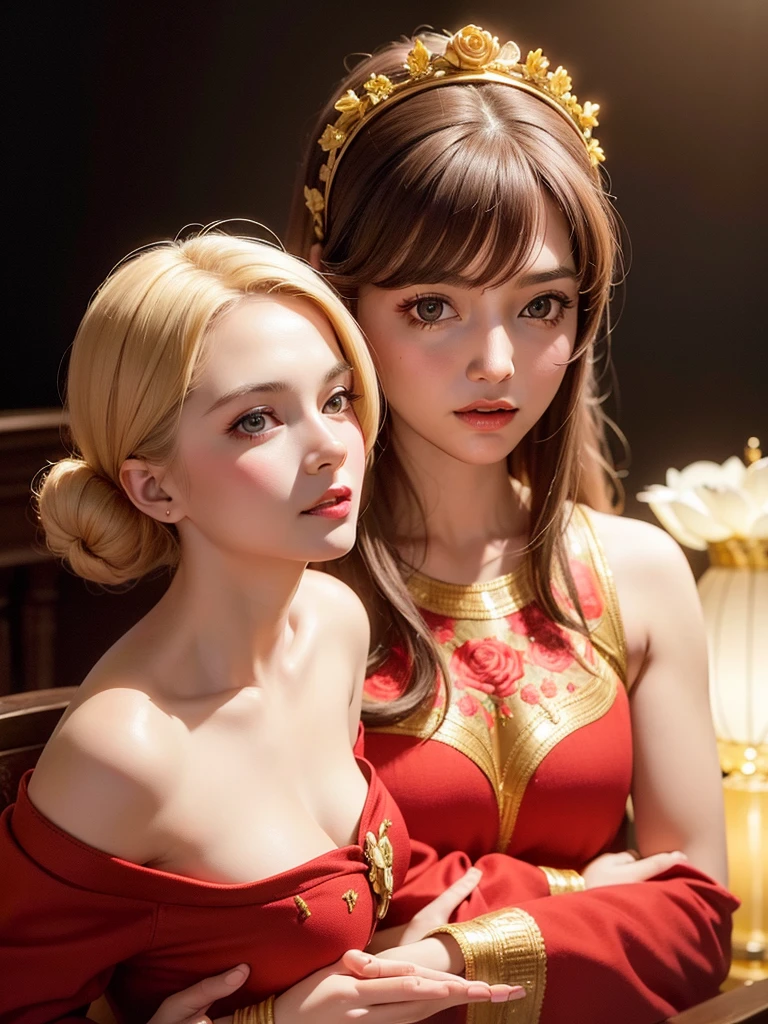 Realistic semi-close portrait image of curious woman retro 60s nostalgia, Prime Time,40 years old, 35mm Female Portrait,Gold embroidery. warm color. Vivid. Realistic. magician、Carefree happy joy bokeh background. Quiet aesthetics. Soft lighting. Artistic lighting. Feminine elegance.Facing forward、Photo of your face、The background is red roses