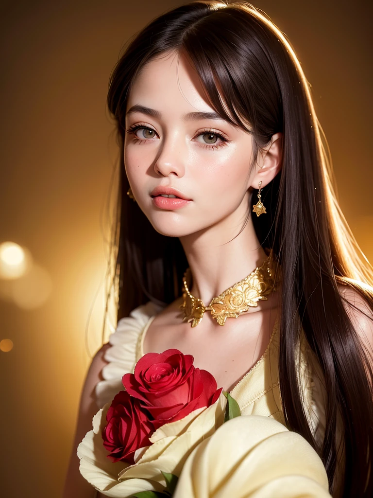 Realistic semi-close portrait image of curious woman retro 60s nostalgia, Prime Time,40 years old, 35mm Female Portrait,Gold embroidery. warm color. Vivid. Realistic. magician、Carefree happy joy bokeh background. Quiet aesthetics. Soft lighting. Artistic lighting. Feminine elegance.Facing forward、Photo of your face、The background is red roses