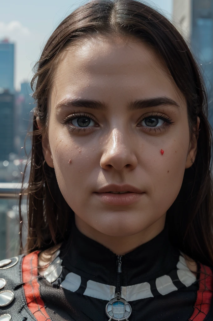 (1girl:1.3), Solo, (((Highly detailed face)))), ((Highly detailed eyes and face)))), Beautiful detailed eyes, Body part__, Official art, Unified 8k wallpaper, Super detailed, beautiful and beautiful, beautiful, masterpiece, best quality, original, masterpiece, super good photo, best quality, super high resolution, realistic realism, sunlight, full body portrait, great beauty, dynamic pose, delicate face, bright eyes, (from front) , He wears a Spider-Man suit,fat body, red and black color scheme, spider, highly detailed city rooftops background, rooftops, overlooking the city, detailed face, intricate and detailed busy background, messy , beautiful, milky white, highly detailed skin, detailed realistic skin , visible pores, clear focus, volumetric haze, 8k uhd, DSLR, high quality, film grain, white skin, photo realism, lomography, futuristic dystopian megalopolis, translucent