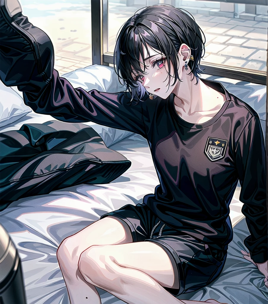 whole body, solo, alone, delicate facial features, medium tits, medium hair, black hair, tearful mole, earring, tracksuit, shorts, bed,