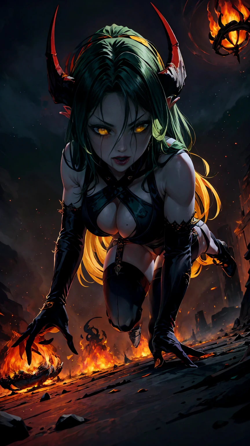 High view, high angle of camera, A beautiful and sexy queen of hell, busty, crawl on all fours on hand and knees with legs spread wide open, sexy demeanor, anime style. a dark, rotten and burnt Hades, showcasing the fiery green hair and thin black horns with incandescent cracks, black tears, golden ornament. Every space and build in the landscape is meticulously rendered, from the most desolate and terrifying hell, creating a visually stunning and immersive world. The overall effect is a terrifying mix of fantasy, glitter and nostalgia, hellpunk and horror anime. 2.5D style anime, close-up, fine quality yellow eyes, fiery yellow eyes without sclera, ultra detailed, Beautiful and aesthetically pleasing, masterpiece, Best quality score, Extremely detailed , dynamic angle, raytraced, middle body, close up, high view, particles and hard lights, angulo picado. green, red, purple and black