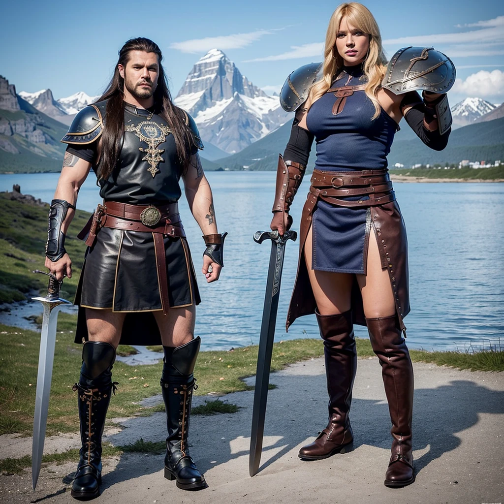 Black Viking left arm tattoo design, a full body muscular viking man, and beautiful blond woman showing big busty, muscular legs, holding big sword with right hand, brown hair divided with bangs, perfect realistic blue eyes, wearing warrior leather shoes, wearing warrior boots, lake and mountains in the background.