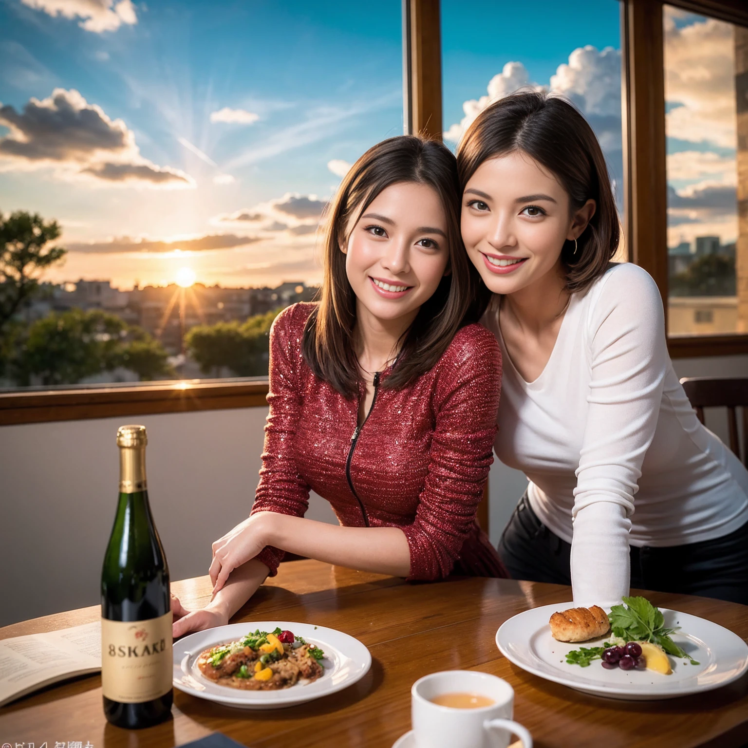 ((Highest quality、8K、masterpiece:1.3))、 (Ultra-realistic、 Genuine、Bright image、Intricate details:1.2), 最高のsmile、1 male 1 female、Beautiful couple、Love Love Love、spouse、Female announcer、actress couple、smile、Full-course dinner at a packed table、 (Slim face), (the body is slim), (Brown Hair), (short hair), テーブルのwine glass、Please shine a light on my face、 Amazing view of the sunset sky and clouds、36 years old 39 years old, red wine 、Appetizers、Wine bottle、sparkling wine、Long sleeve shirt、dress、White wine, red wine, wine glass,