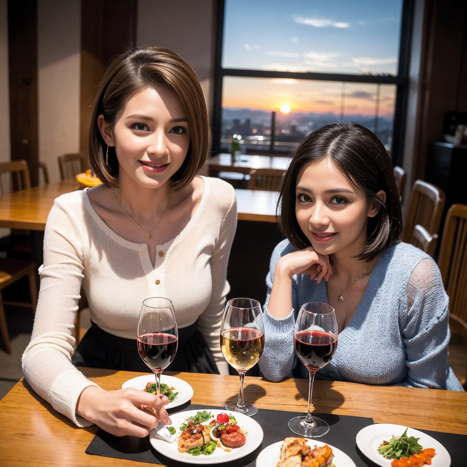 ((Highest quality、8K、masterpiece:1.3))、 (Ultra-realistic、 Genuine、Bright image、Intricate details:1.2), 最高のsmile、1 male 1 female、Beautiful couple、Love Love Love、spouse、Female announcer、actress couple、smile、Full-course dinner at a packed table、 (Slim face), (the body is slim), (Brown Hair), (short hair), テーブルのwine glass、Please shine a light on my face、 Amazing view of the sunset sky and clouds、36 years old 39 years old, red wine 、Appetizers、Wine bottle、sparkling wine、Long sleeve shirt、dress、White wine, red wine, wine glass,