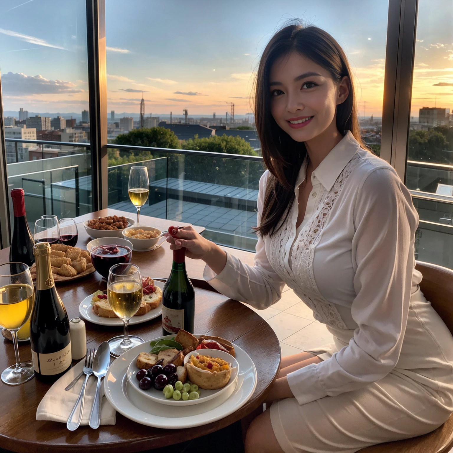 ((Highest quality、8K、masterpiece:1.3))、 (Ultra-realistic、 Genuine、Bright image、Intricate details:1.2), 最高のsmile、1 male 1 female、Beautiful couple、Love Love Love、spouse、Female announcer、actress couple、smile、Full-course dinner at a packed table、 (Slim face), (the body is slim), (Brown Hair), (short hair), テーブルのwine glass、Please shine a light on my face、 Amazing view of the sunset sky and clouds、36 years old 39 years old, red wine 、Appetizers、Wine bottle、sparkling wine、Long sleeve shirt、dress、White wine, red wine, wine glass, 