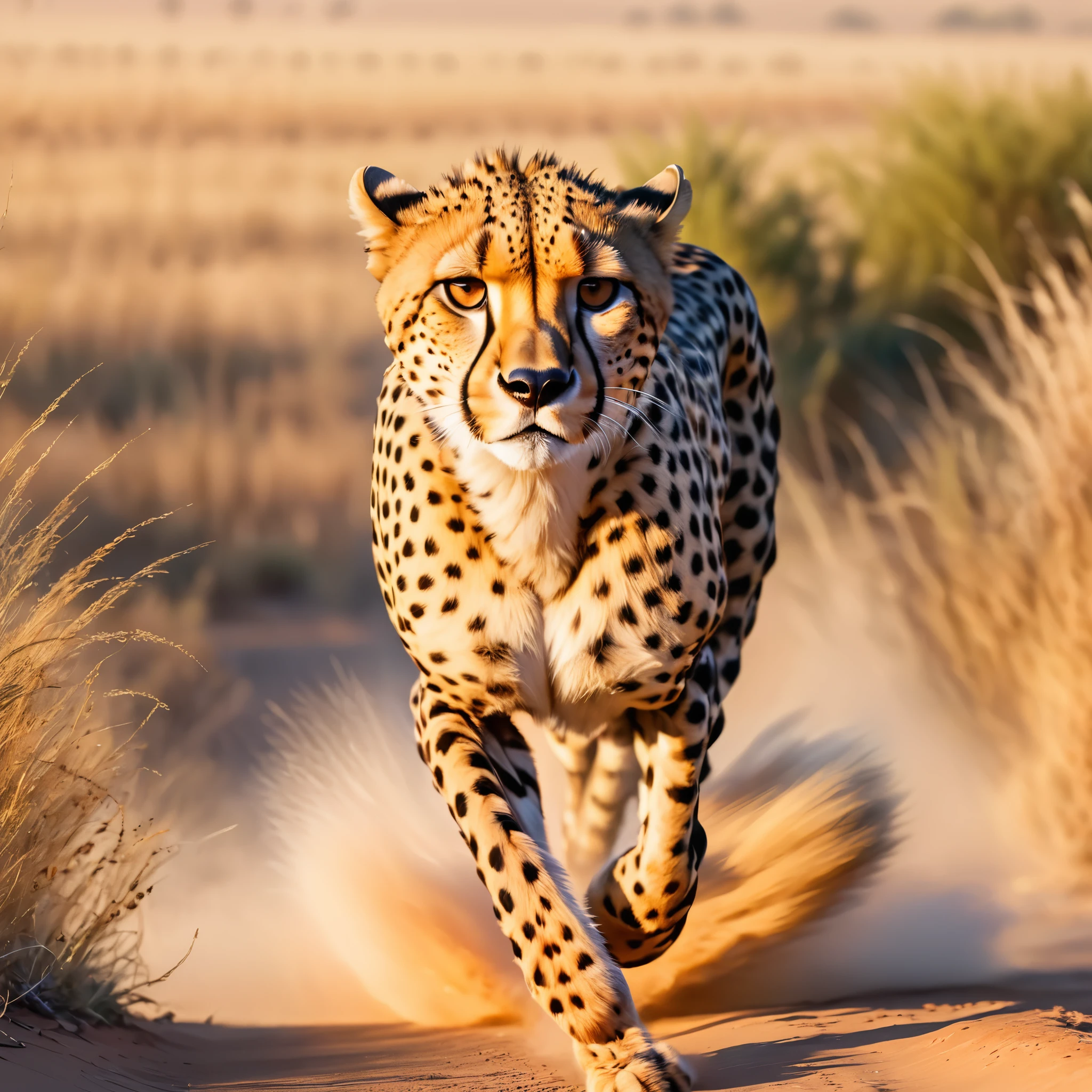 ((a cheetah)) running through a savanna, high speed motion blur, incredible detail, 4k, ultra realistic, photorealistic, extremely detailed fur, detailed facial features, powerful muscles, dynamic pose, golden hour lighting, dramatic shadows, vibrant colors, depth of field, stunning landscape, rolling hills, acacia trees