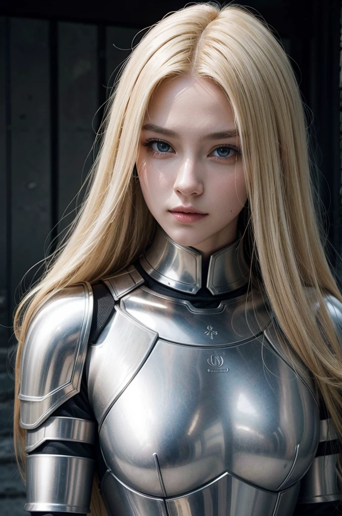 woman in armor with blonde hair and no helmet, sexy woman, beautiful evil woman, long hair