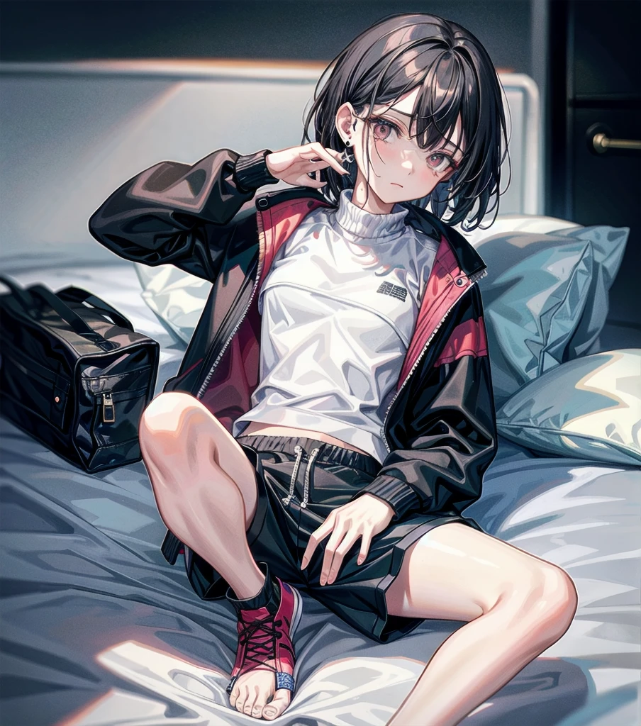 whole body, solo, alone, delicate  features, medium tits, medium hair, black hair, tearful mole, earring, tracksuit, shorts, bed,