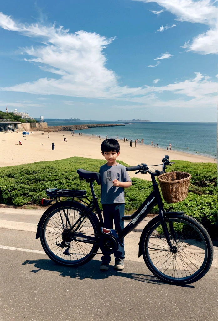 A young boy,There is a bicycle parked next to it,Boy looking at the seaside,Grand View
